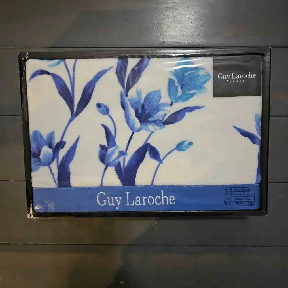 Guy Laroche Blue & White Floral Print Cotton Bath Towel - 60cm x 120cm